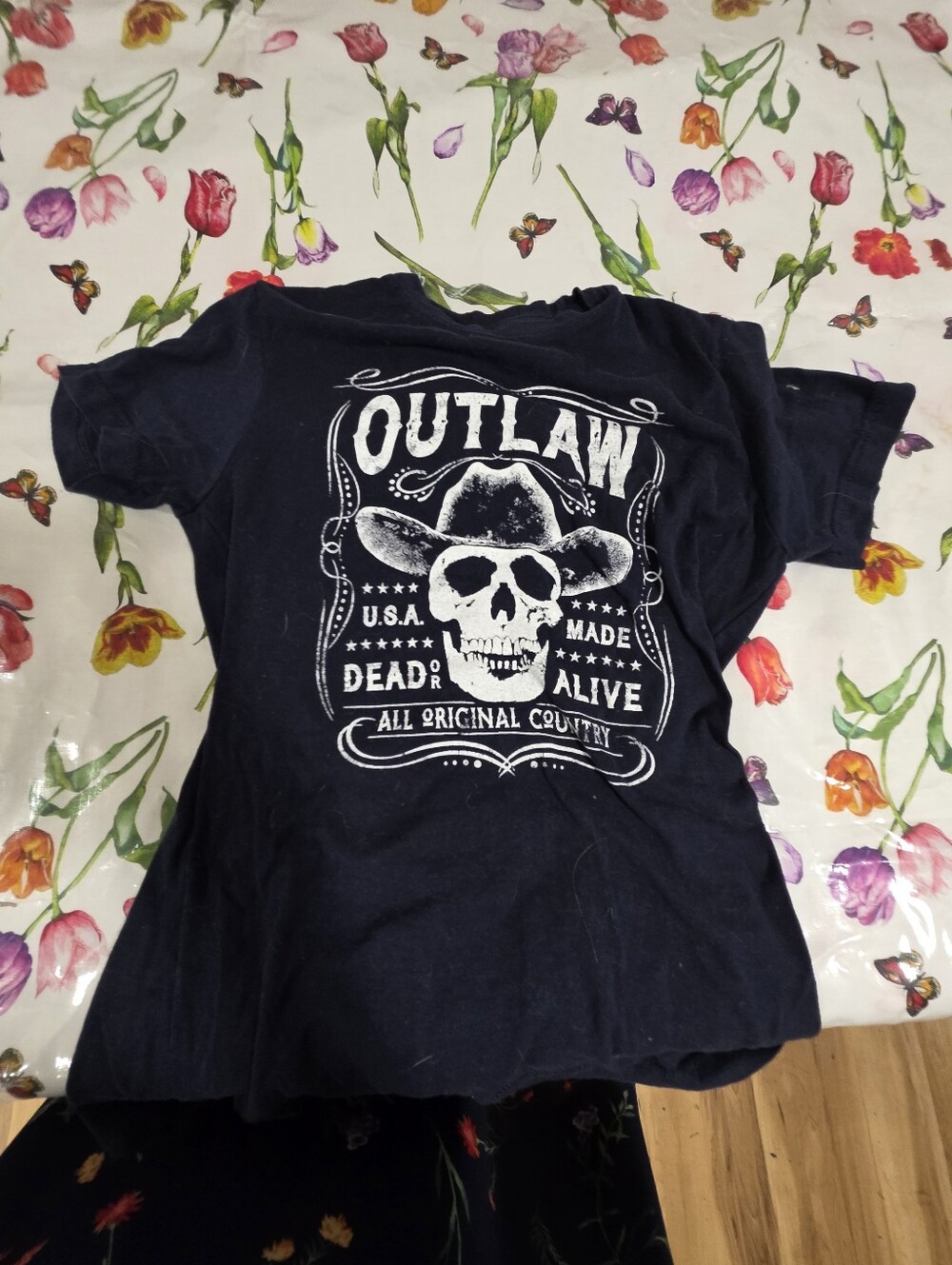 Outlaw Graphic Womans T-Shirt - Black with White Skull Print